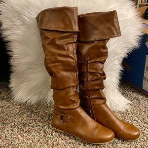 Brown pleather knee high boots